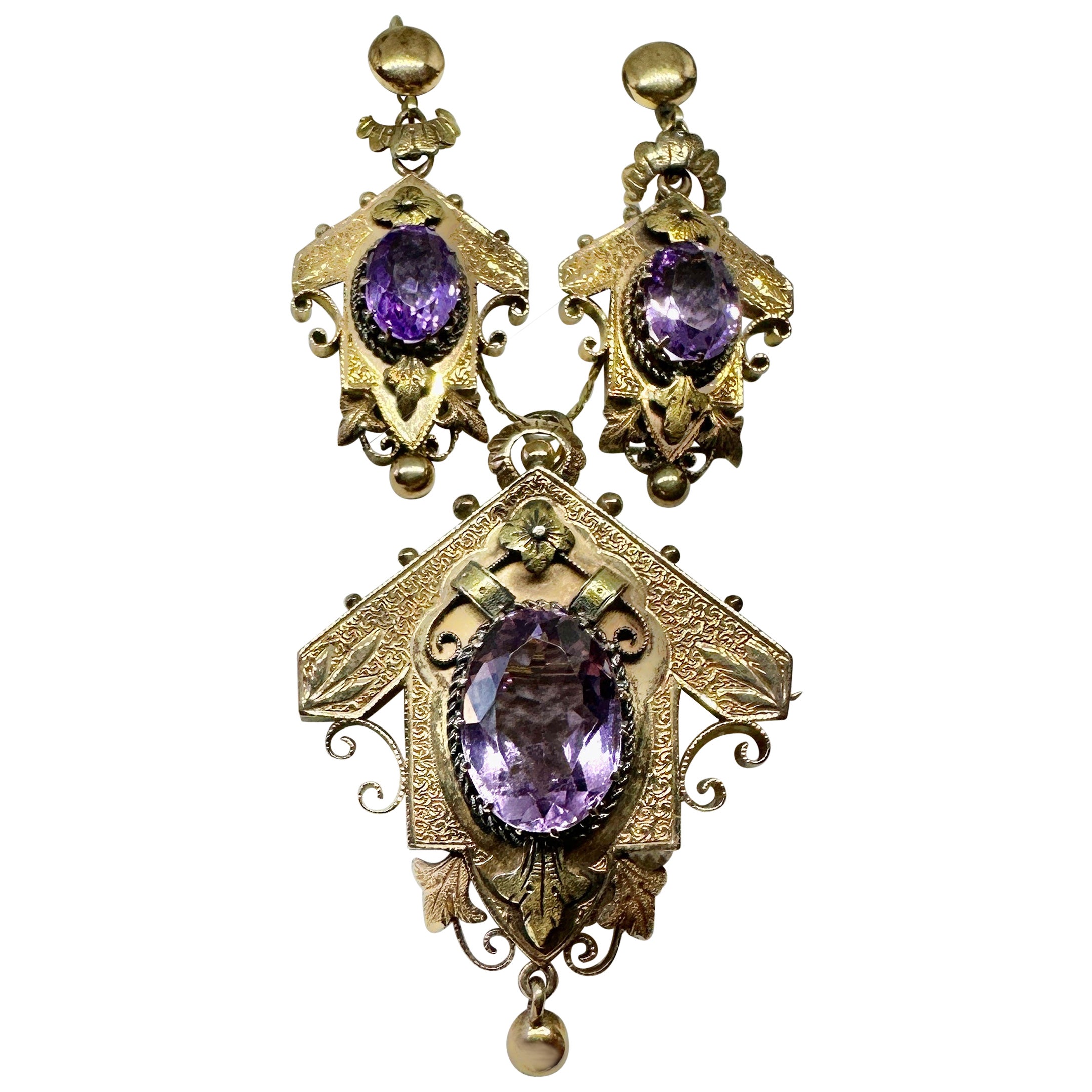 12 Carat Amethyst Earrings Pendant Necklace Gold Victorian Engraved Parure 1870