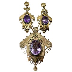Boucles d'oreilles pendantes parure victorienne en or et améthyste de 12 carats, 1870