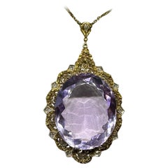 50 Karat Amethyst 11 Rosenschliff Diamant-Anhänger-Halskette viktorianisch 14 Karat Gold