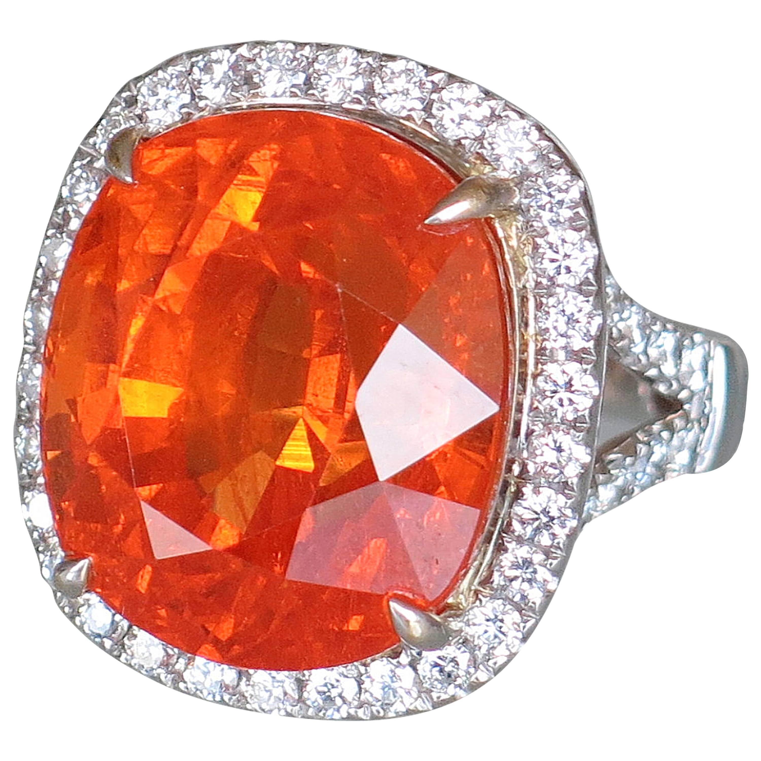 Sensational 37.75 Carat Cushion Cut Mandarin Garnet Diamond Ring For Sale