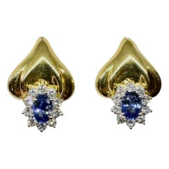 2,25 Karat Saphir 20 Diamant-Halo-Ohrringe 18 Karat Gold Ehering