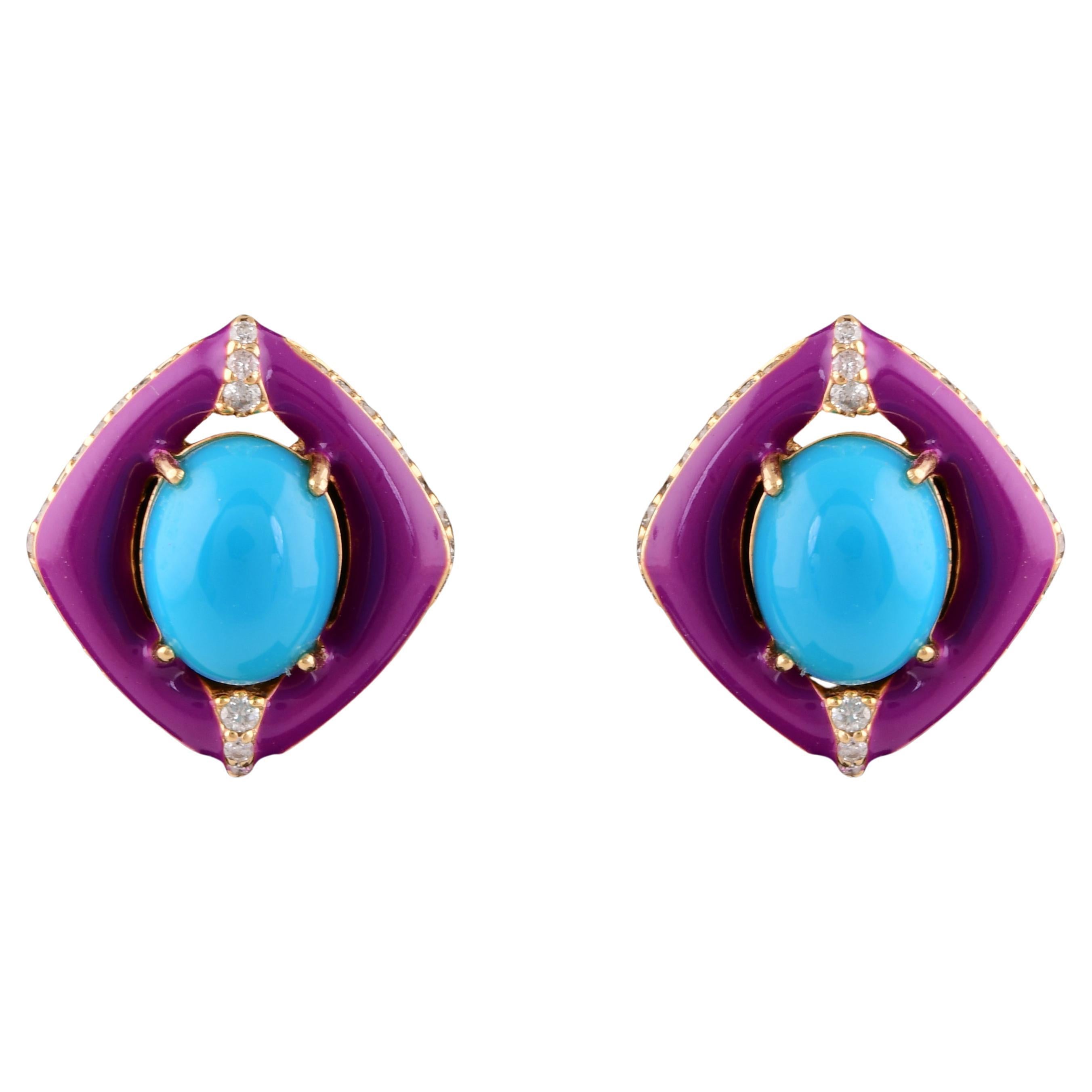 Oval Turquoise Gemstone Stud Earrings Diamond 14 Karat Yellow Gold Fine Jewelry