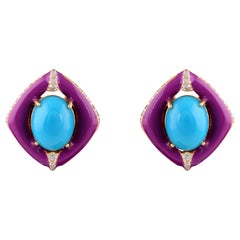 Oval Turquoise Gemstone Stud Earrings Diamond 14 Karat Yellow Gold Fine Jewelry