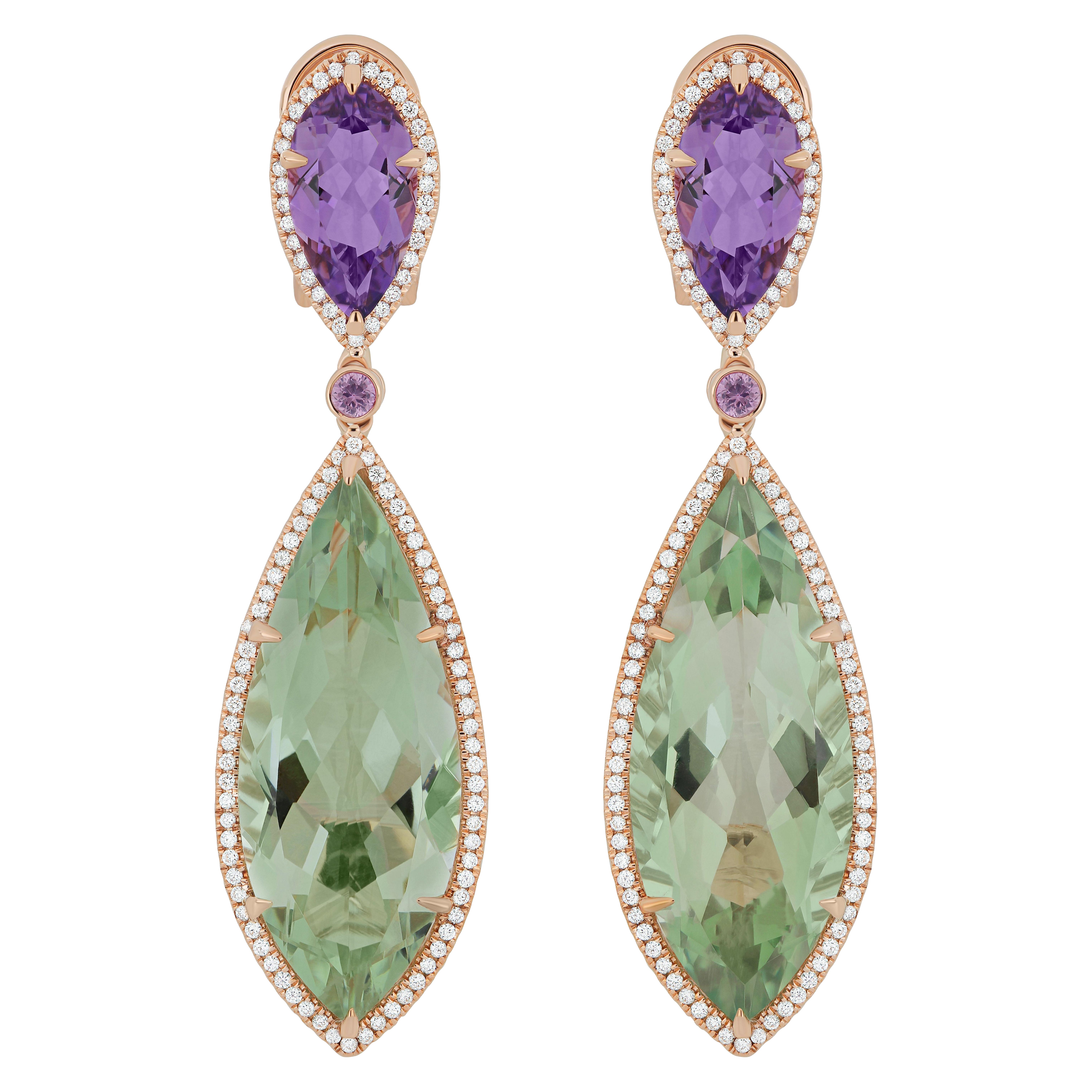 Mint Quartz, Pink Amethyst, Pink Sapphire Diamond Earring 18k Rose Gold Earring