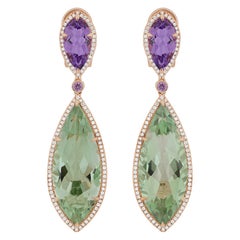 Mint Quartz, Pink Amethyst, Pink Sapphire Diamond Earring 18k Rose Gold Earring