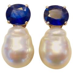 Michael Kneebone Blue Sapphire Paspaley Baroque South Seas Pearl Earrings