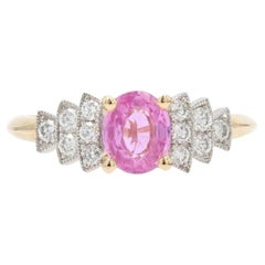 Anillo Moderno Francés Zafiro Rosa Diamante Oro Amarillo 18 Kilates