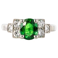 French Art Deco Style Tsavorite Garnet Diamonds Platinum Ring