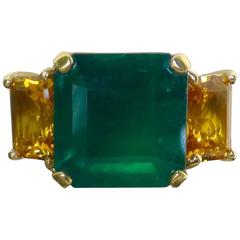 Michael Kneebone Zambian Emerald Yellow Sapphire Three Stone Ring