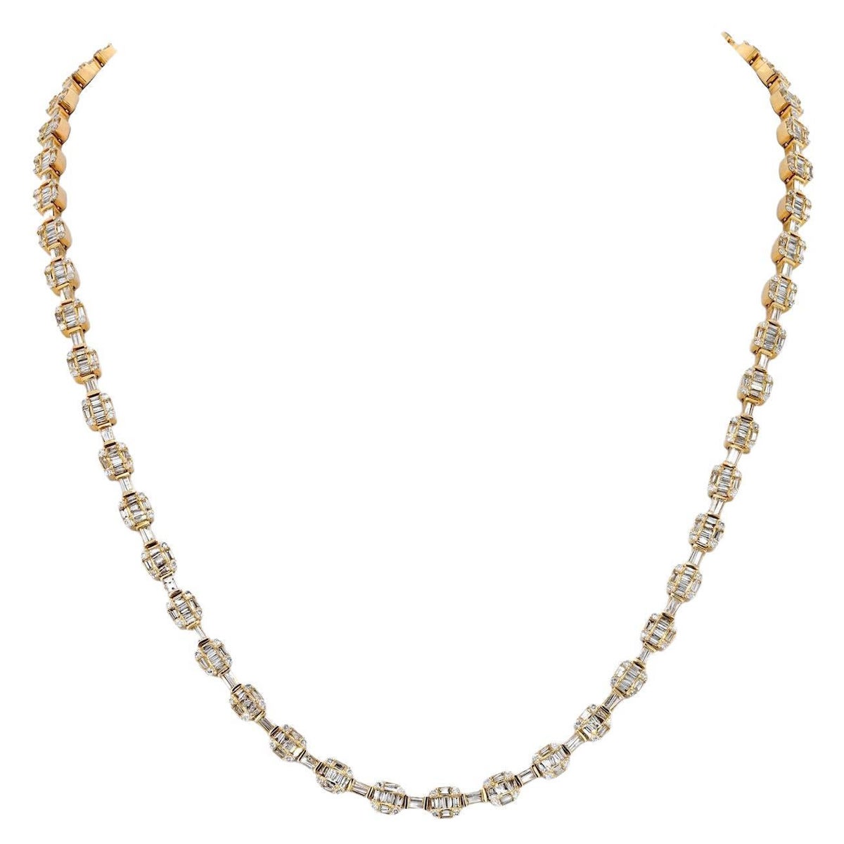 14K Yellow Gold 14.50cttw Round And Baguette Cut Diamond Link Chain Necklace