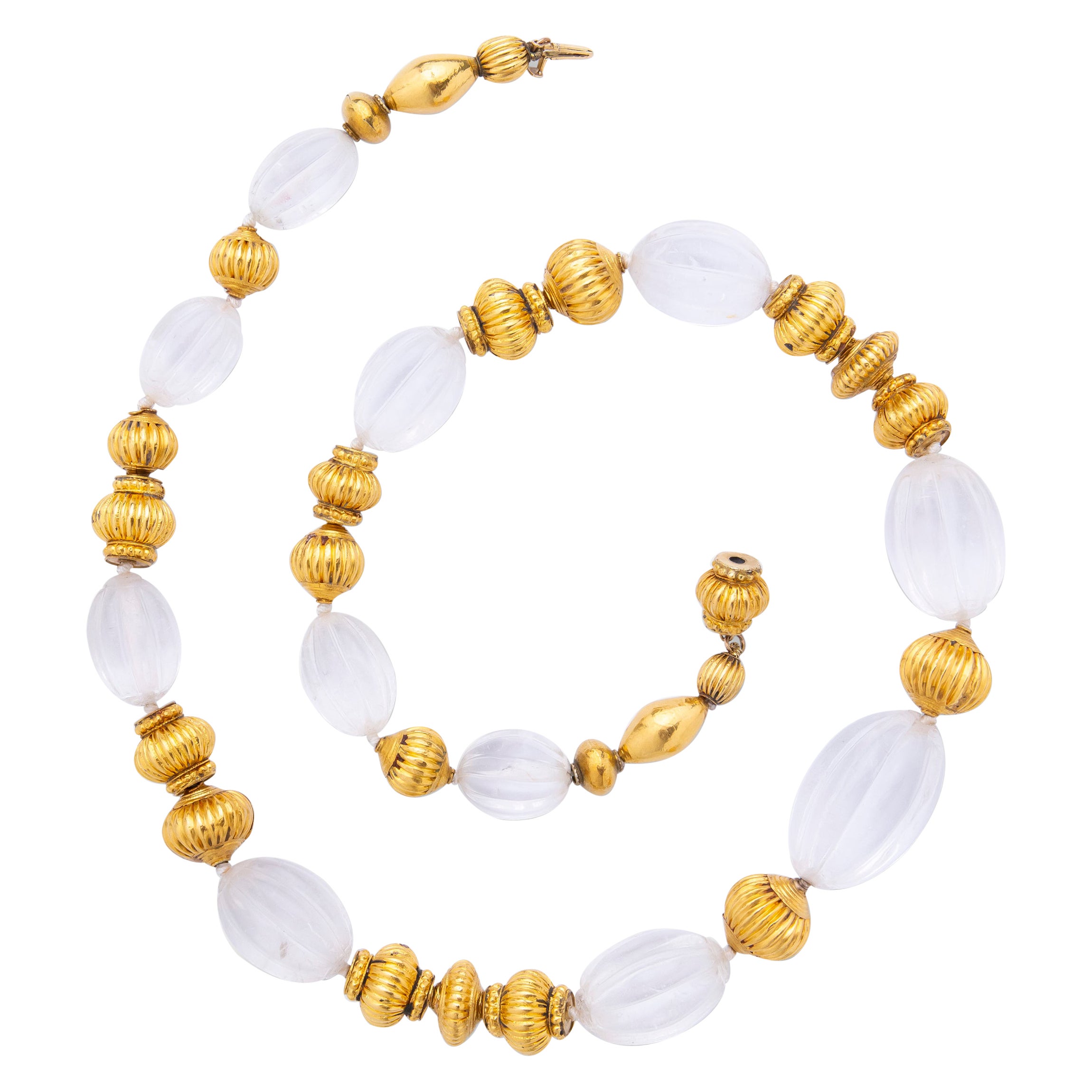 Carved Rock Crystal and Gold Leaf 'Lantern' Bead Necklace