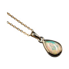 Beautiful Pear Shaped Australian Solid Opal Pendant Necklace 14k Yellow Gold