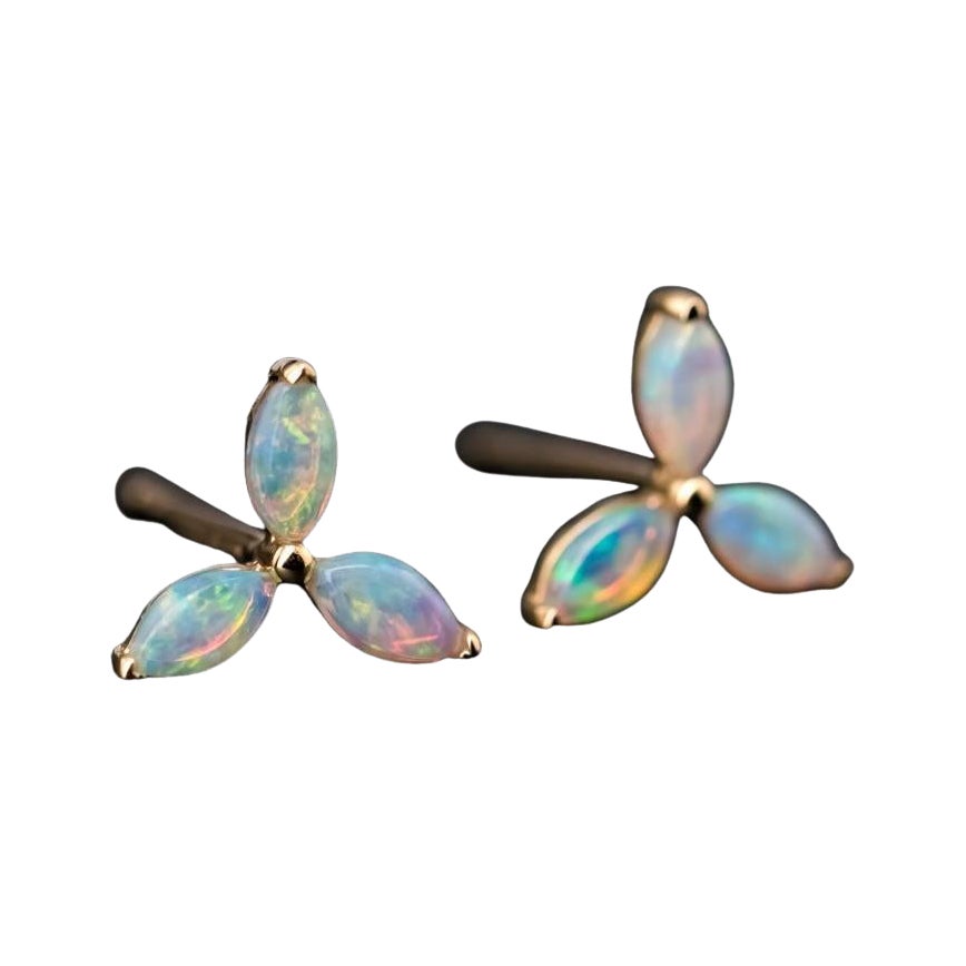 Flower Design Australian Solid Opal Stud Earrings 18K Yellow Gold