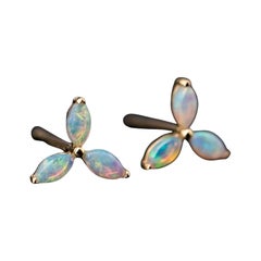 Flower Design Australian Solid Opal Stud Earrings 18K Yellow Gold
