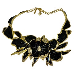 Oscar De La Renta Collier Runway Fleurs Émail noir Haute Couture Monumental