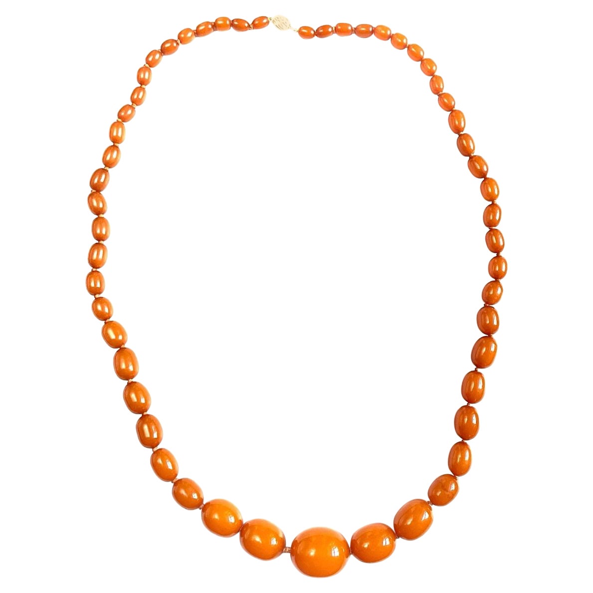 Butterscotch Amber Graduated Long Bead Necklace 18 Karat Yellow Gold Clasp