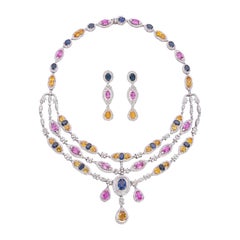 58 Carat Blue Pink and Yellow Sapphire and 22.92 Carat Diamond Necklace Set