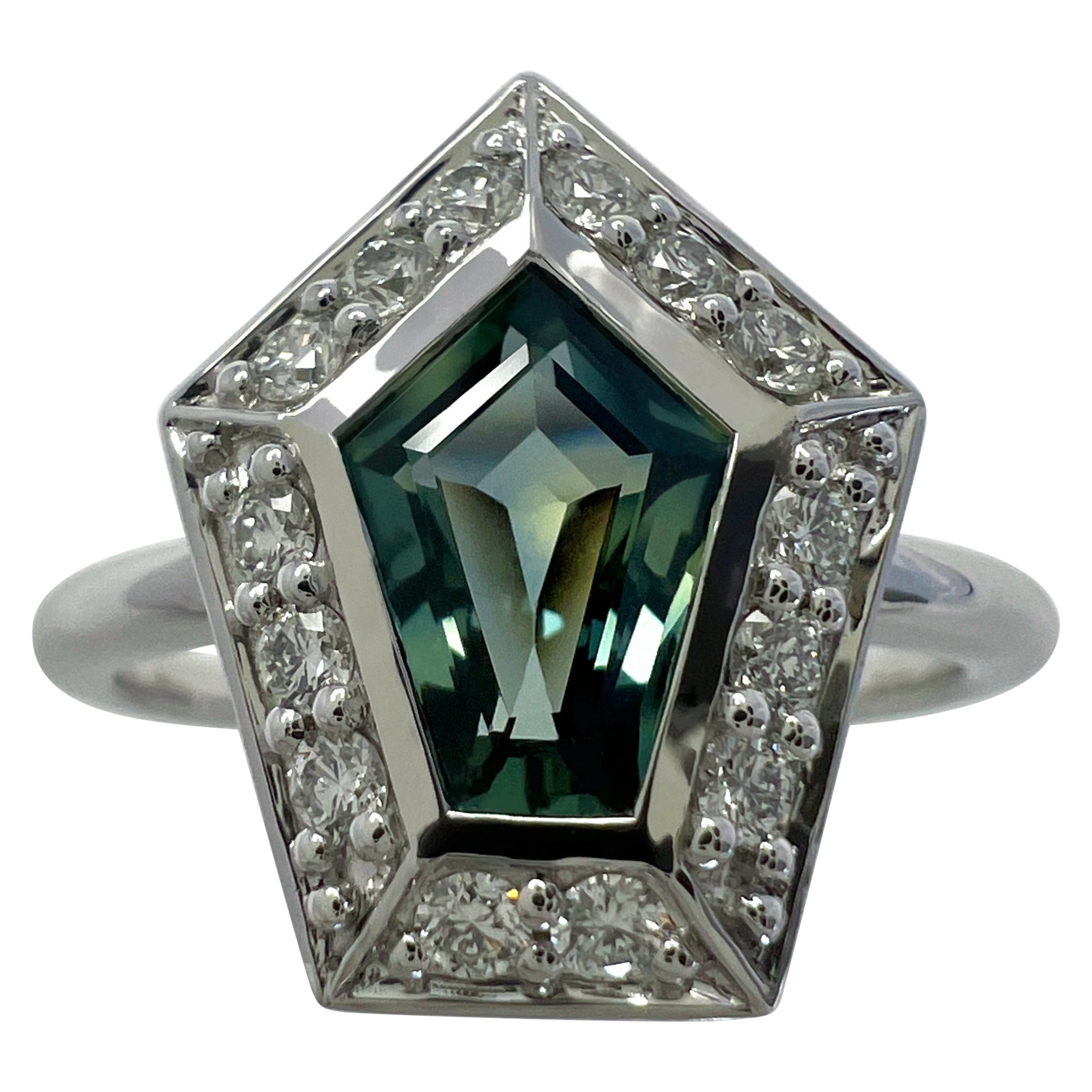 GIA Certified 1.35ct Untreated Sapphire Green Blue & Diamond 18k White Gold Ring