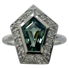 GIA Certified 1.35ct Untreated Sapphire Green Blue & Diamond 18k White Gold Ring