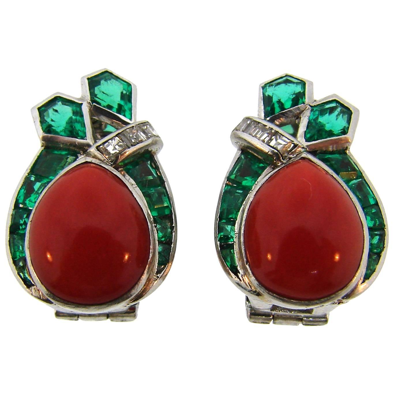 1950s Raymond Yard Coral Emerald Diamond Platinum Earrings