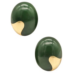 Tiffany & Co. 1977 Angela Cummings Nephrite Jade Oval Clips Earrings 18Kt Gold