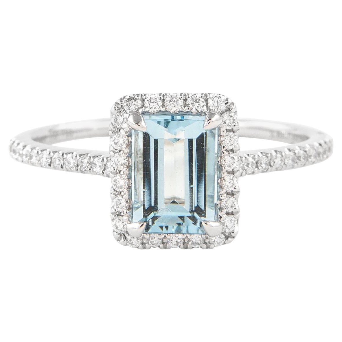 Alexander Beverly Hills 1.07ctt Emerald Cut Aquamarine and Diamond Ring 18k For Sale