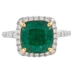 GIA 3.11 Carat Cushion Emerald and Diamond Halo Ring 18k Gold