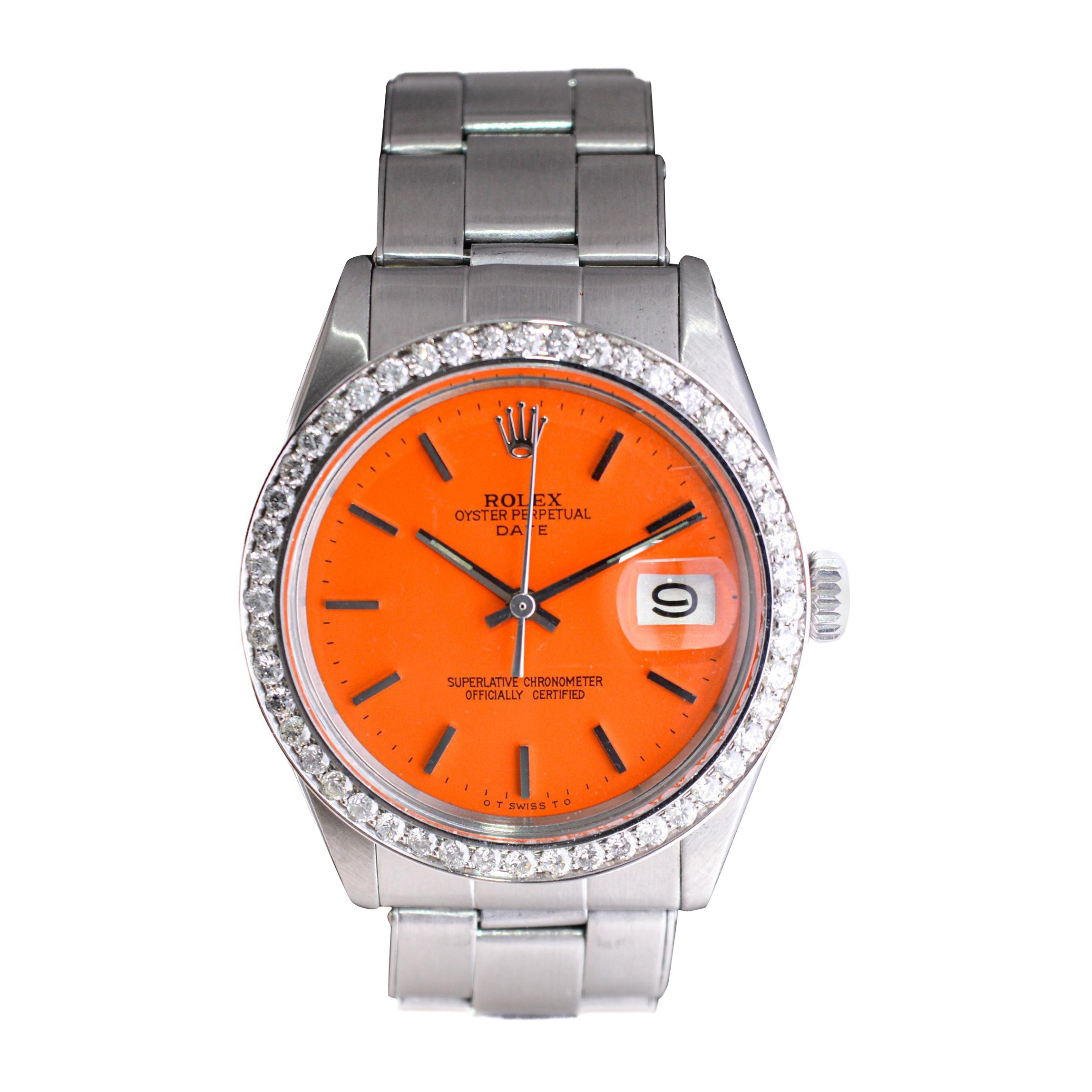 Rolex Oyster Perpetual Date avec cadran orange personnalisé et lunette en diamants