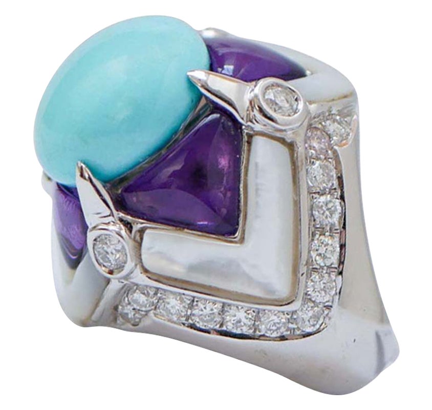 Turquoise, White Stones, Amethysts, Diamonds, 14 Karat White Gold Ring.