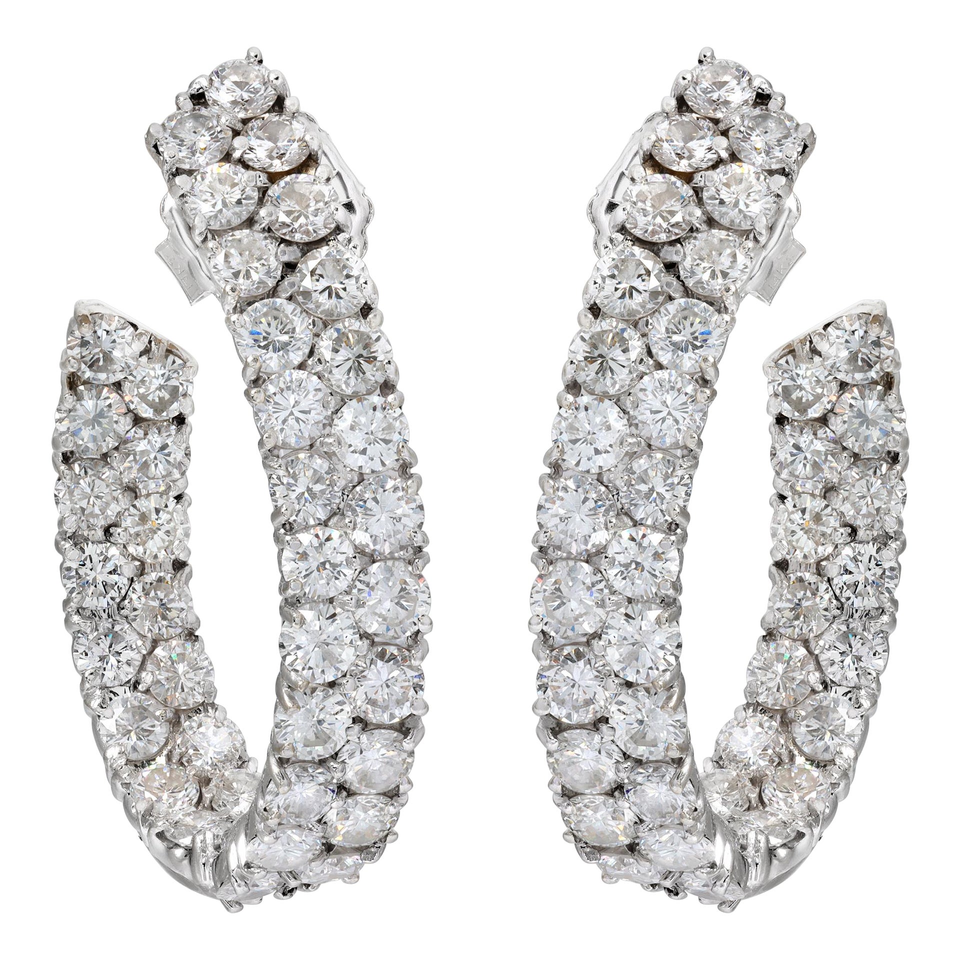 18k White Gold Inside Out Oval Shape Hoops Earrings With Double Row Of Diamonds
