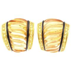 Carved Rock Crystal Yellow Sapphire Onyx Gold Earrings
