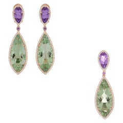 Mint Quartz, Pink Amethyst, Pink Sapphire, Diamond Pendant, Earring Set 18k Gold