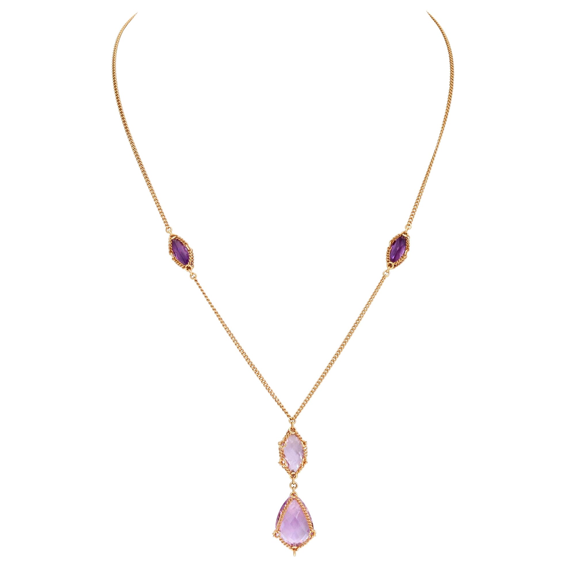 18K yellow gold Victorian-inspired, chain necklace with briolette cut Amethyst
