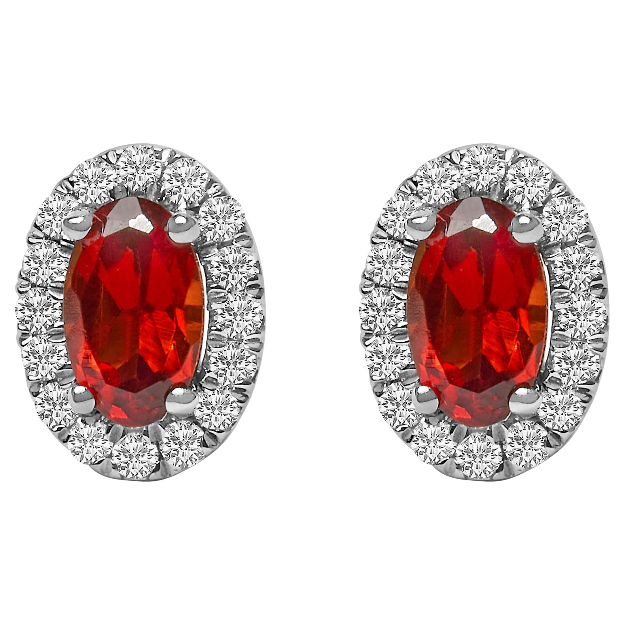 10K White Gold 5x3 MM Oval Red Garnet and Diamond Halo Stud Earrings For Sale