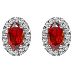 10K White Gold 5x3 MM Oval Red Garnet and Diamond Halo Stud Earrings