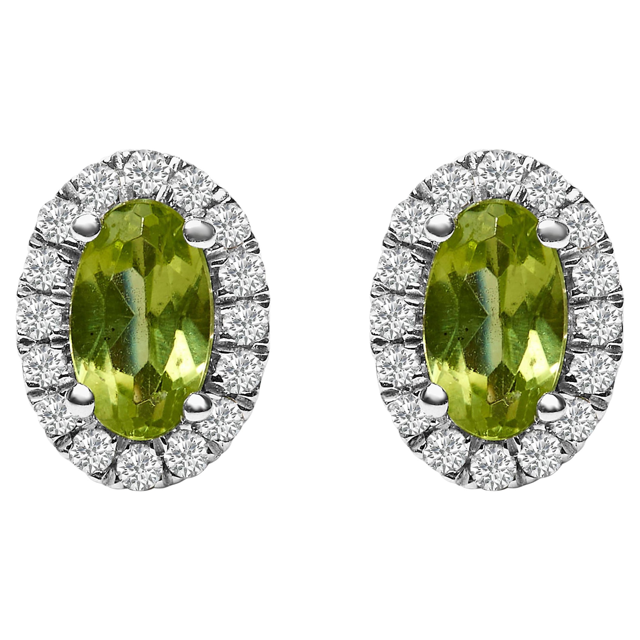 10K White Gold 5x3 MM Oval Green Peridot and Diamond Halo Stud Earrings