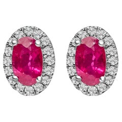 10K Weißgold 5x3 MM Oval Roter Rubin und Diamant Halo-Ohrstecker