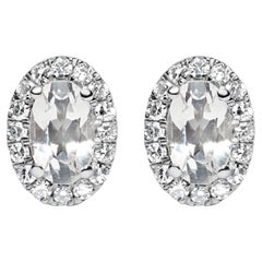 10K Weißgold 5x3 MM Oval Weißer Topas und Diamant Halo-Ohrstecker