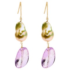 14K Yellow Gold Amethyst and Baroque Pearl Drop and Dangle Earrings