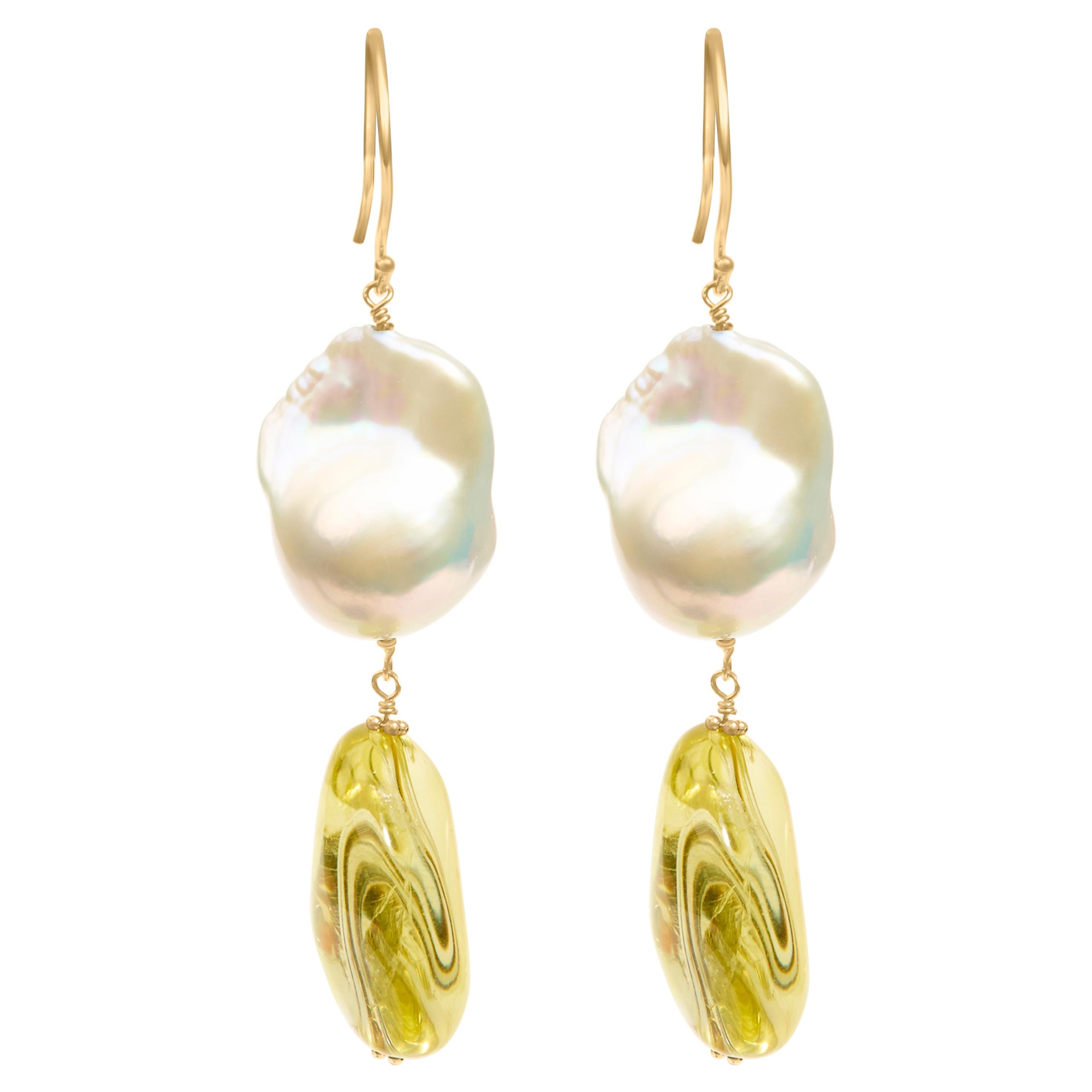 14K Yellow Gold Citrine and Baroque Pearl Drop and Dangle Earrings