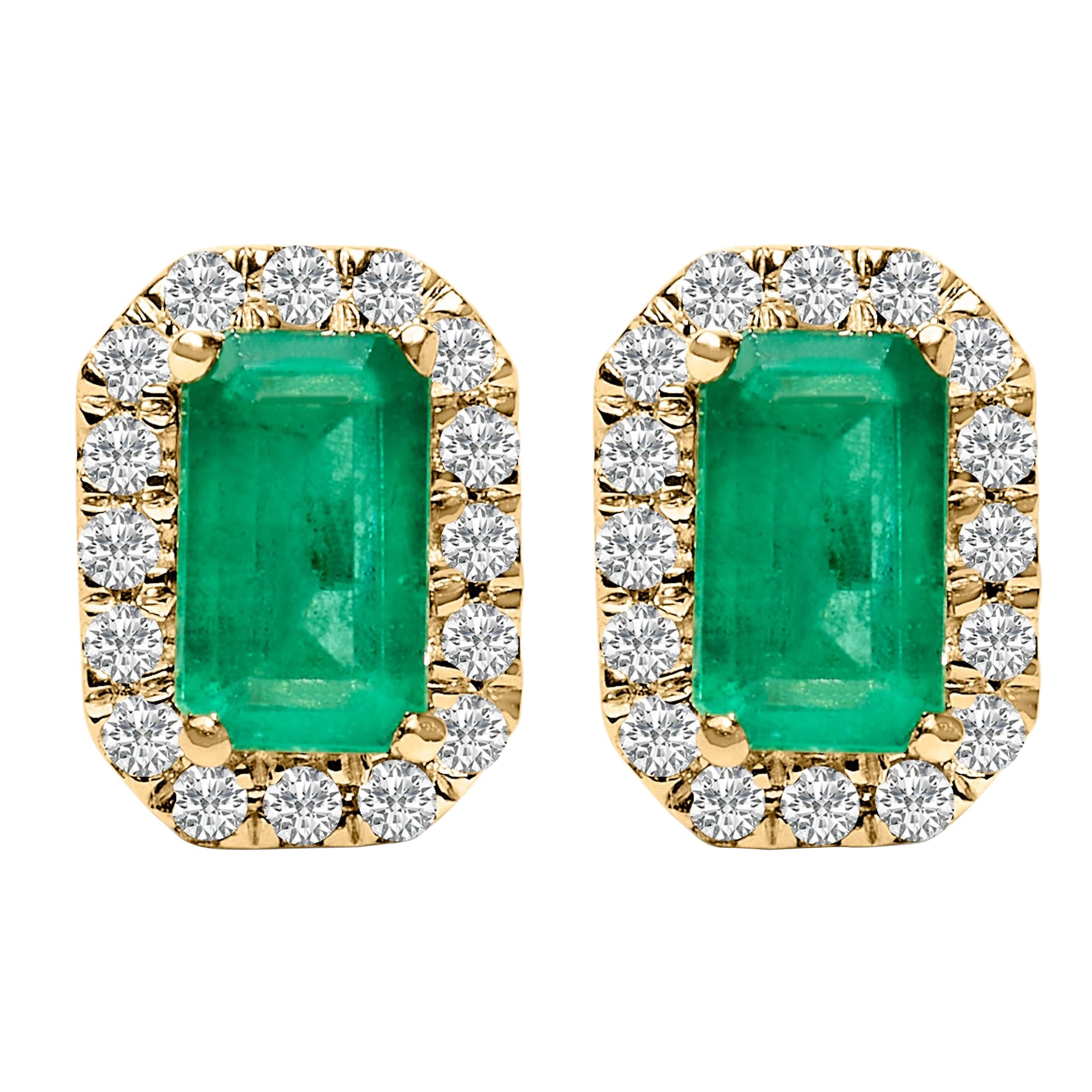 10K Yellow Gold Green Emerald and 1/7 Cttw Diamond Halo Octagonal Stud Earrings