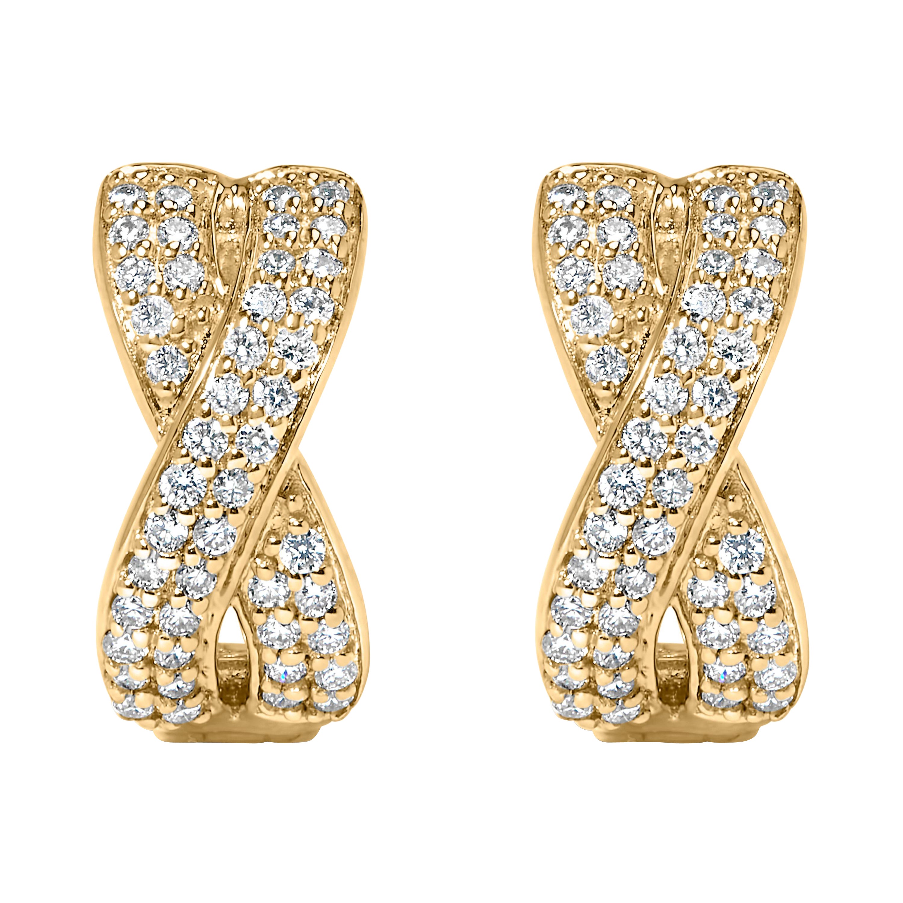 14K Yellow Gold 1/3 Cttw Diamond Criss Cross Huggie Hoop Earrings