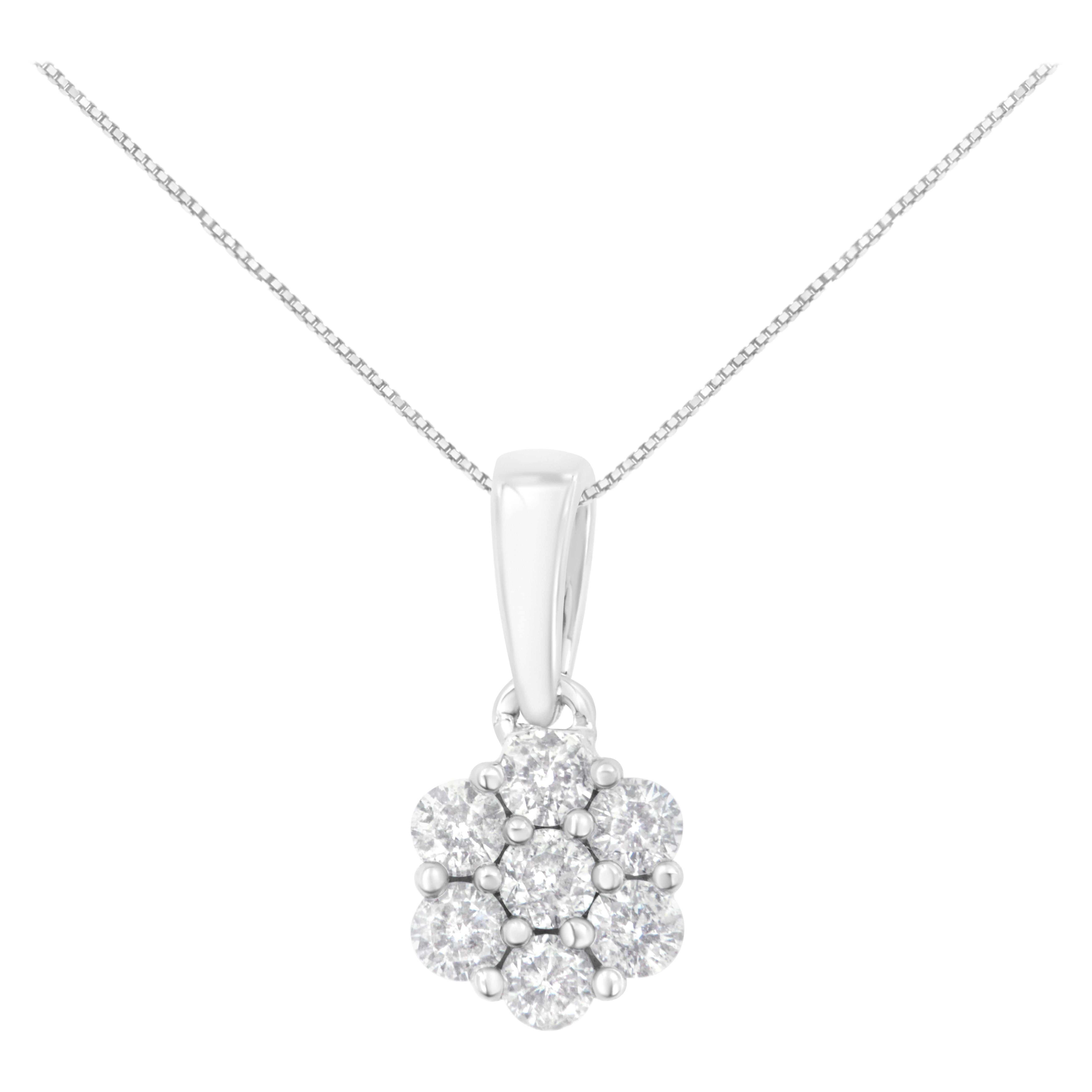14K White Gold 1/2 Cttw Diamond 7 Stone Floral Cluster 18" Pendant Necklac For Sale