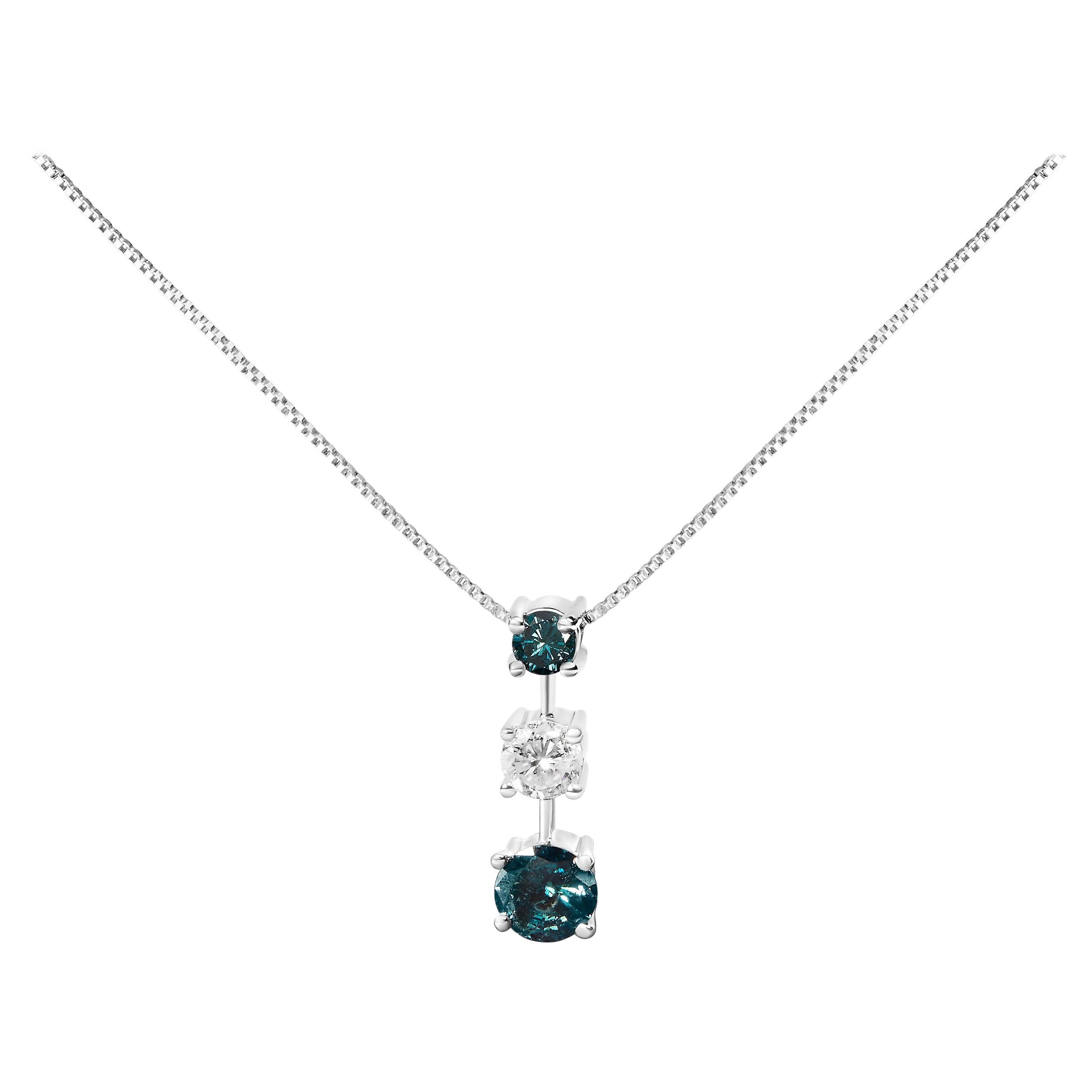 14K White Gold 1 1/2 Cttw Treated Blue & White Diamond 3-Stone Pendant Necklace