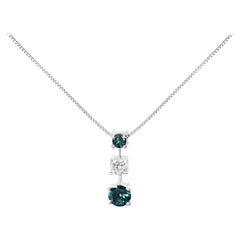 14K White Gold 1 1/2 Cttw Treated Blue & White Diamond 3-Stone Pendant Necklace
