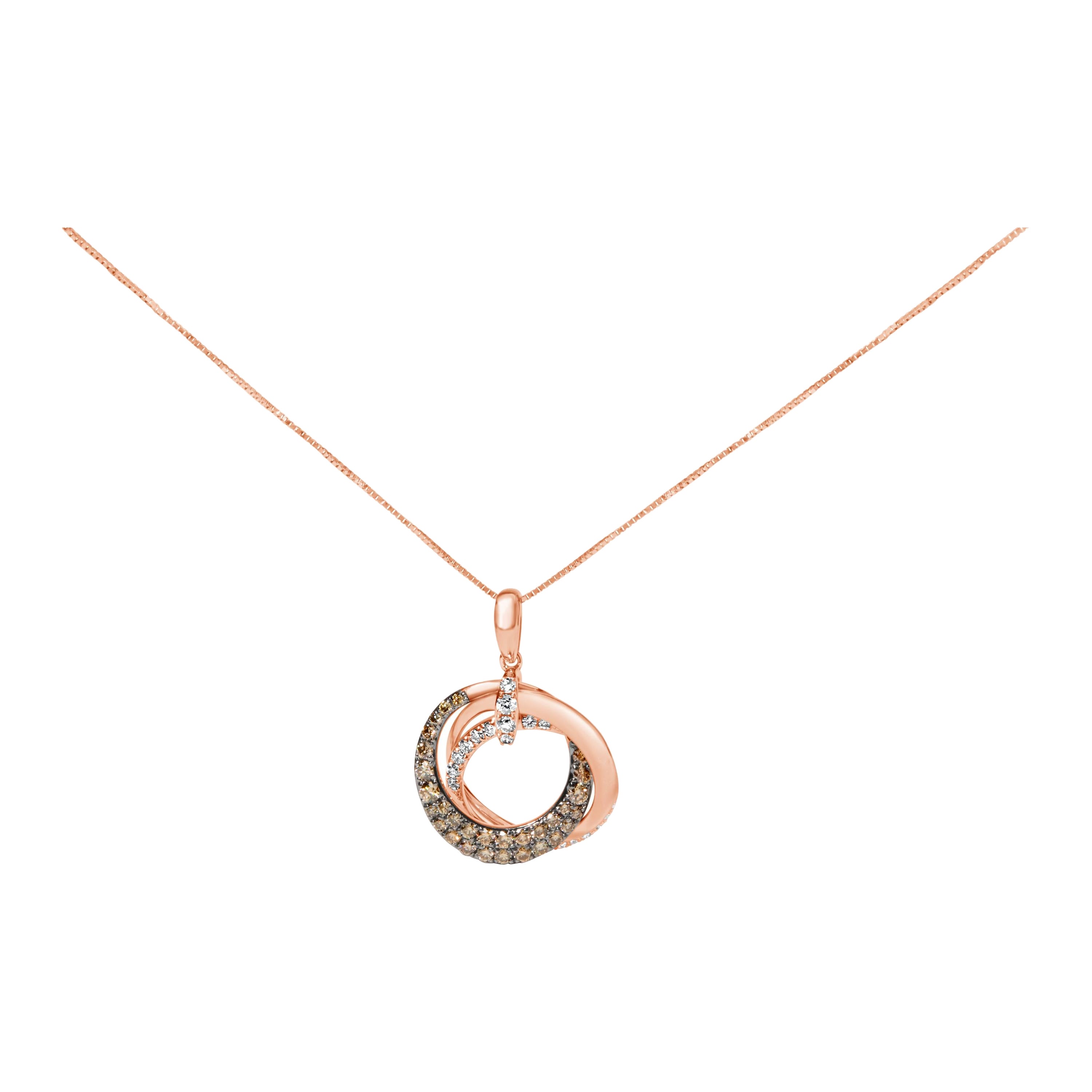 14K Rose Gold 3/4 Ct Brown & White Diamond Interlocking Hoop Pendant Necklace