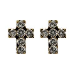 Rare Vintage Van Cleef & Arpels Mini Cross Diamond 18K Yellow Gold Earring Studs