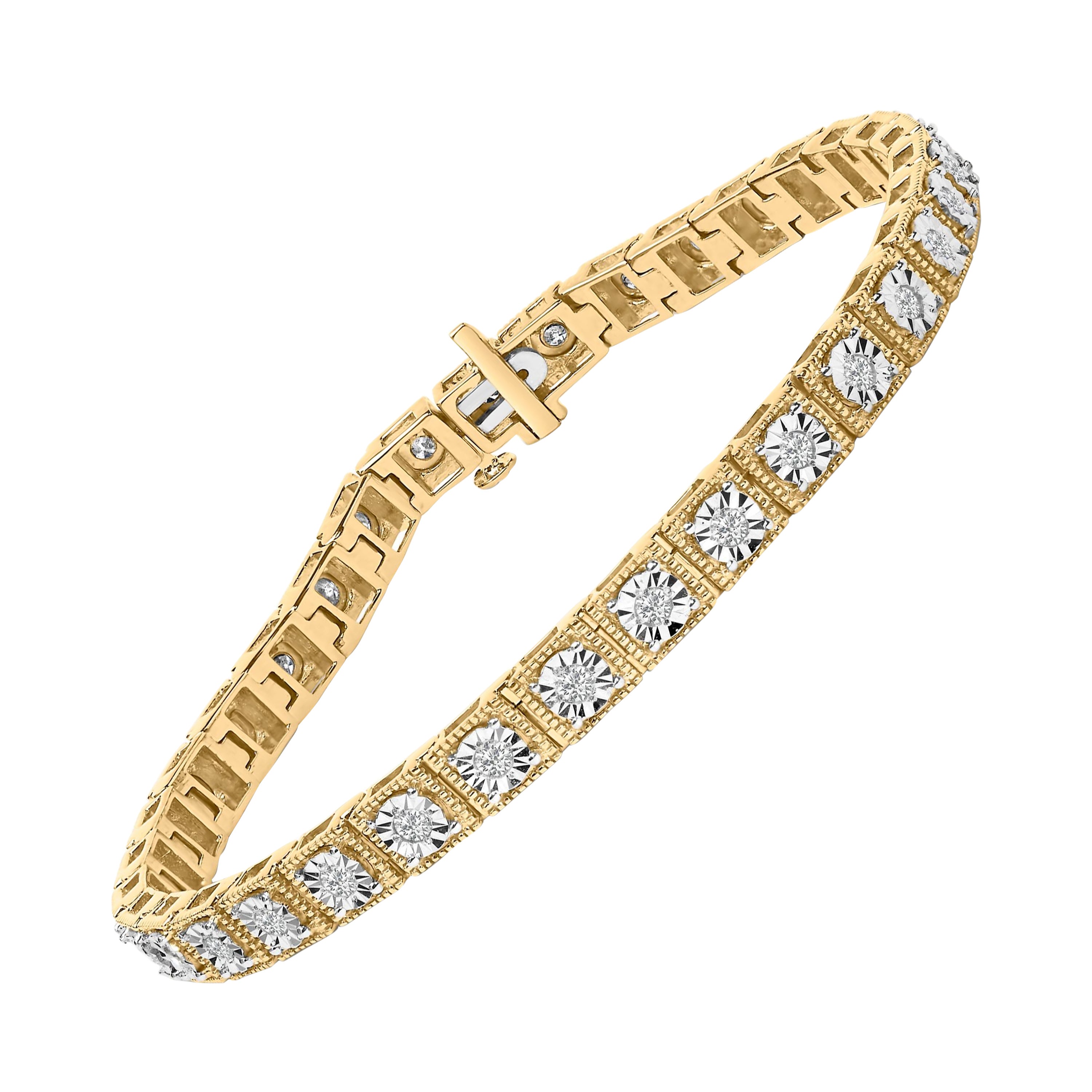 Bracelet tennis à maillons milgrain en argent plaqué or jaune 14 carats avec diamants 1,0 carat