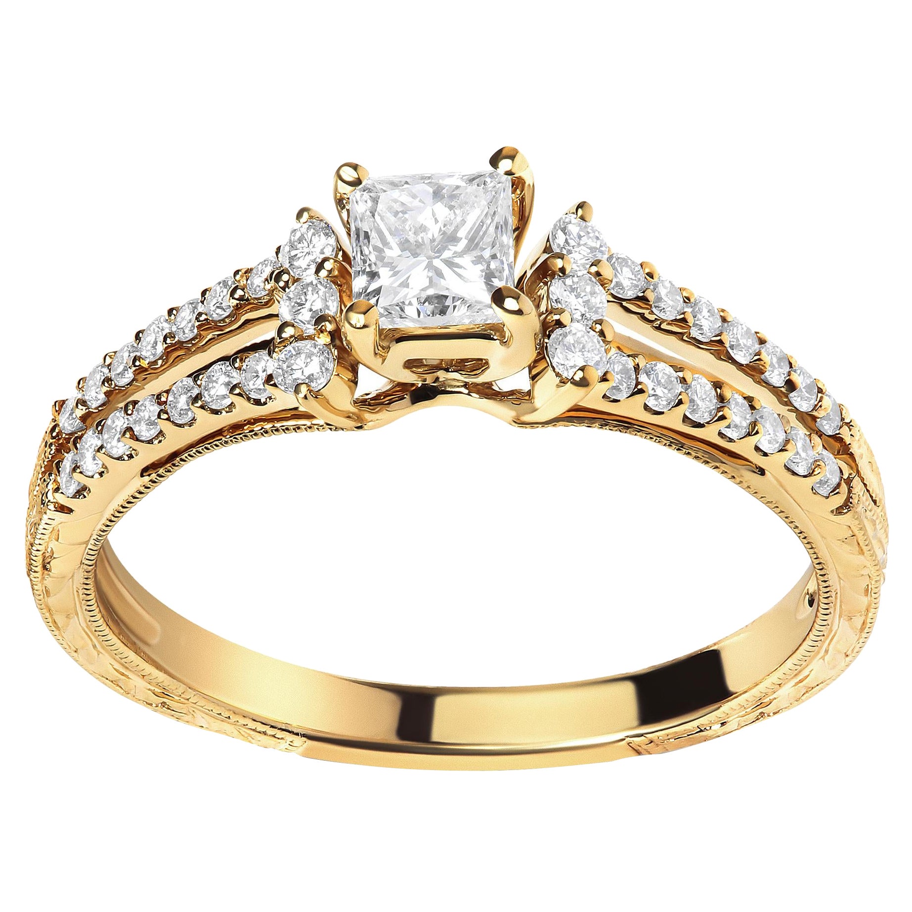 14K Yellow Gold Diamond 5/8 Ctw Diamond Split Shank and Milgrain Engagement Ring