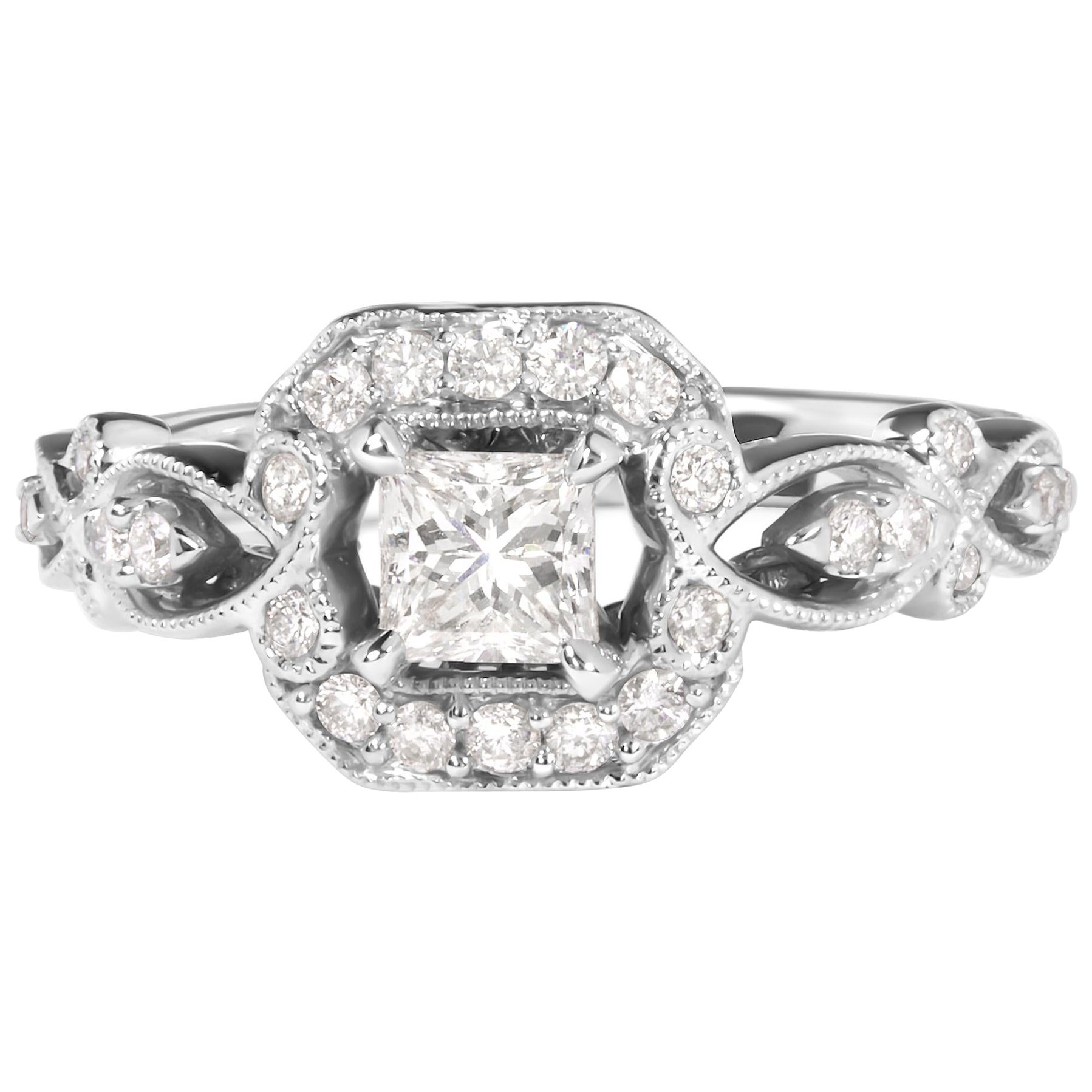 14K White Gold Diamond 3/4ct Diamond Halo Style and Woven Shank Engagement Ring